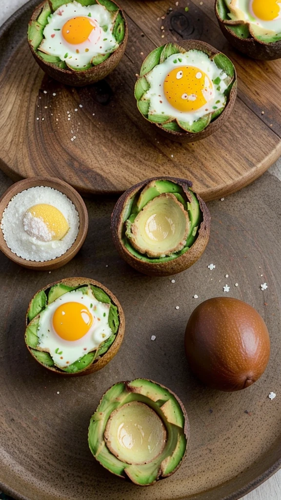 Keto Avocado Egg Cups

- Ingredients: Avocados, eggs, salt, pepper, bacon bits (optional).

- Instructions: Cut and remove seed from avocados. Hollow out more space for the egg. Add egg, salt, pepper, bake for 15 mins at 425°F (220°C). Optional: sprinkle bacon bits on top.