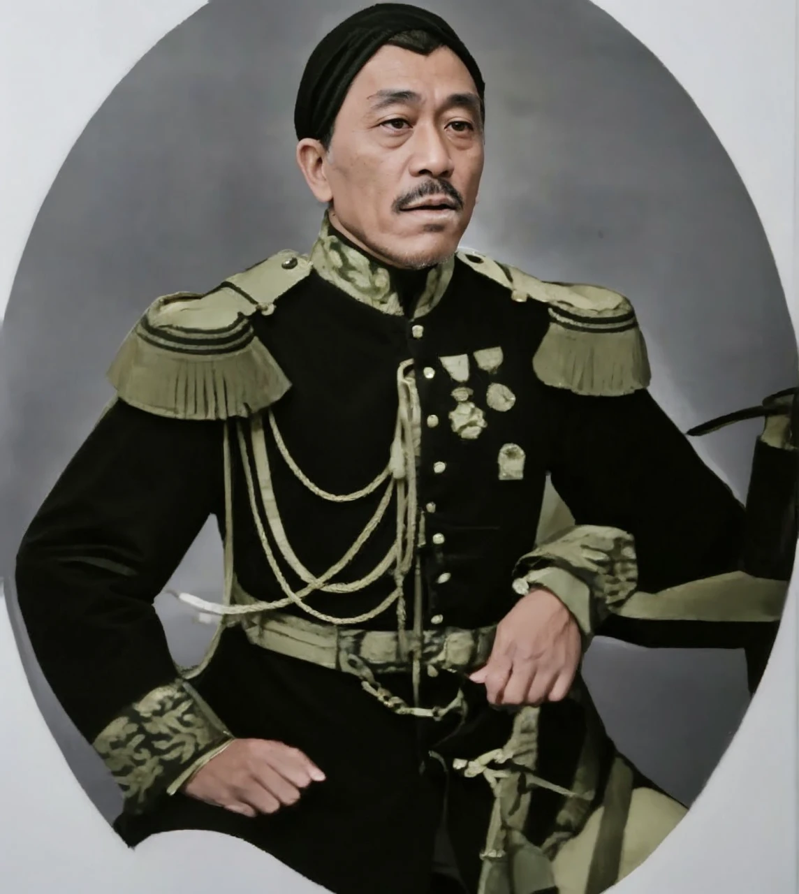 Indonesian Muslim man, aged 40 years or over, wearing full Kanigaran clothing, slightly wrinkled brownish skin, slightly thick mustache, closed mouth, clear, slightly narrow eyes, side view of the camera, very realistic HD image.