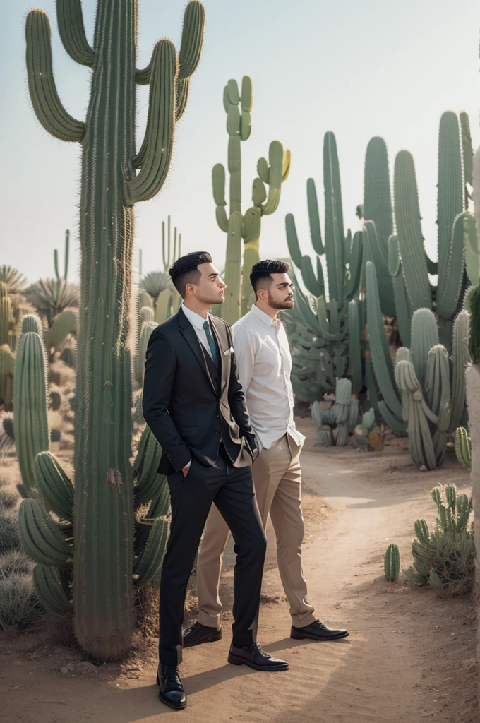 Image of a closed background with cactutus and two men in the background