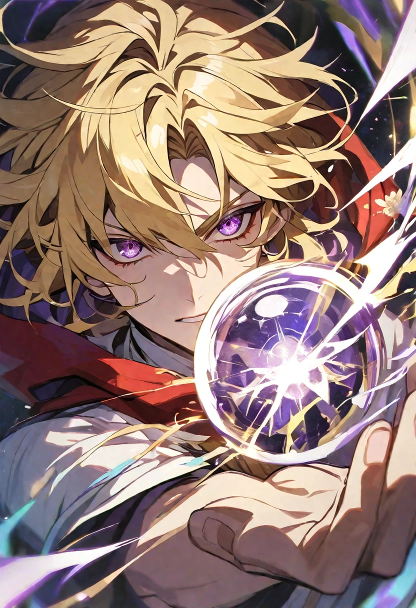 Solo, 1 male, blonde hair, violet eyes, white shirt, red and white hood, psychic