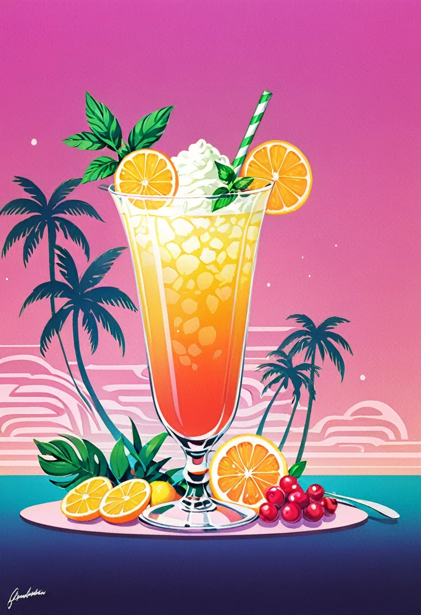 Envision an artwork deeply immersed in the vaporwave aesthetic of the 80s, inspired by Yoko Honda’s vibrant style. Picture a retro-a glass of Elegant Sophisticated Retro Mojito cocktail. The overall ambiance combines nostalgic luxury with vibrant, warm color palettes, creating a scene that is both timeless and distinctly evocative of the 80s.