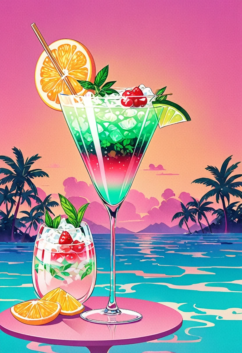 Envision an artwork deeply immersed in the vaporwave aesthetic of the 80s, inspired by Yoko Honda’s vibrant style. Picture a retro-a glass of Elegant Sophisticated Retro Mojito cocktail. The overall ambiance combines nostalgic luxury with vibrant, warm color palettes, creating a scene that is both timeless and distinctly evocative of the 80s.