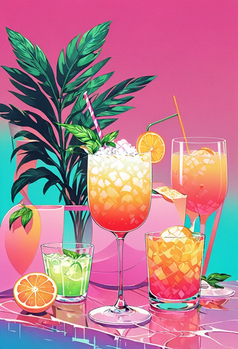 Envision an artwork deeply immersed in the vaporwave aesthetic of the 80s, inspired by Yoko Honda’s vibrant style. Picture a retro-a glass of Elegant Sophisticated Retro Mojito cocktail. The overall ambiance combines nostalgic luxury with vibrant, warm color palettes, creating a scene that is both timeless and distinctly evocative of the 80s.
