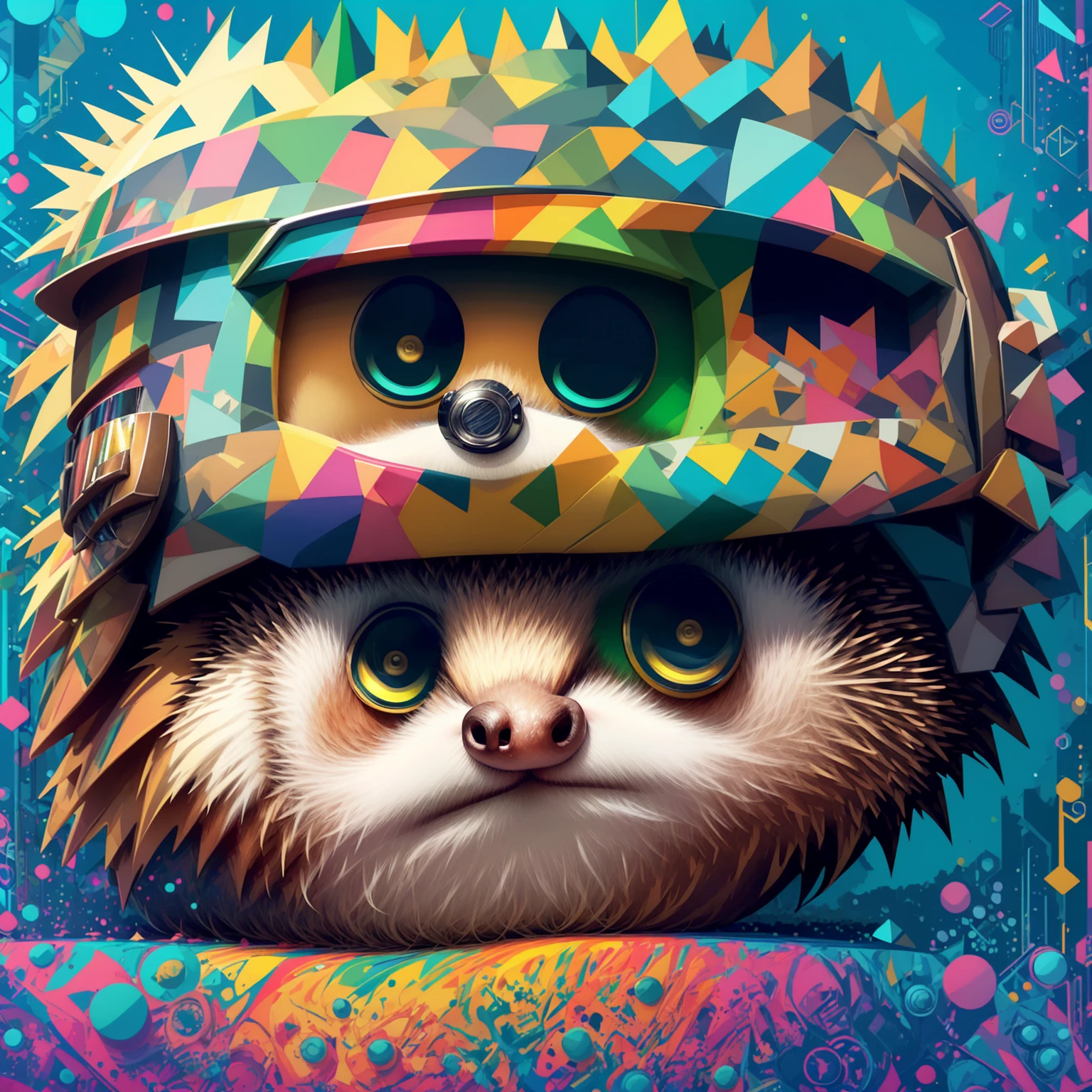 (cute baby hedgehog aviator with goggles),(melhor pose),(best angle), (better expression), Eduardo Kobra acolchoamento ,multidimensional geometric wall PORTRAIT, arte, Chibi,
Yang08k, lindo, Colouring,
Primary works, qualidade superior, melhor qualidade, Arte Oficial, Beautiful and Aesthetic, pelos coloridos,