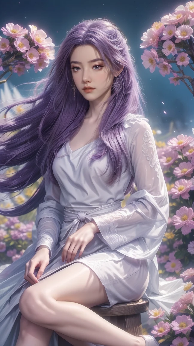 1girl, girl with long purple hair, smiling, cheerful, girl is sitting among a wide expanse of flowers, surrounded by beautiful flowers, Calm and peaceful atmosphere, night, moonlight , Beautiful glowing butterflies surround the girl lighting up the darkness of the night, magic,Romantic, the night breeze blows the Sepoi Sepoi girl's hair, 