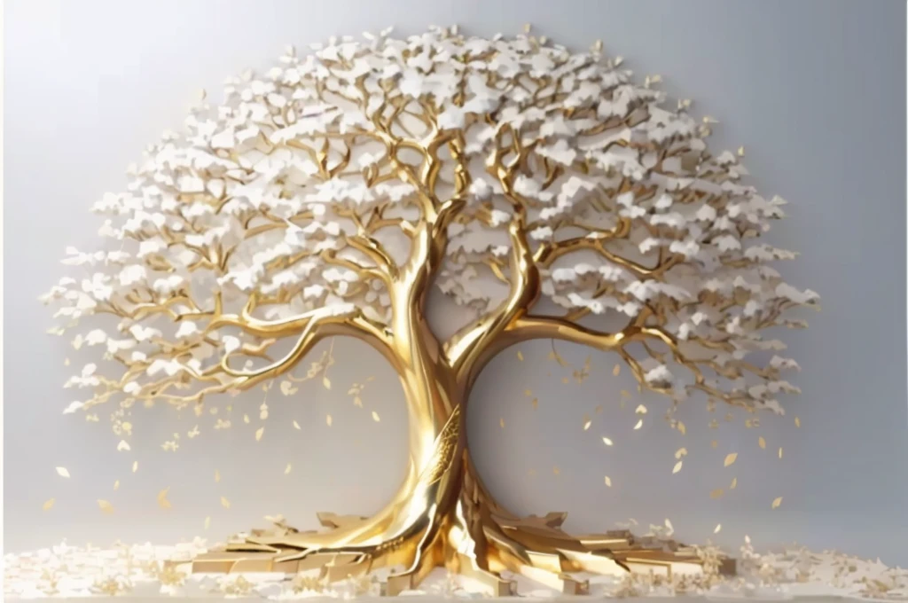 a large metal tree with gold leaf on a white background, golden sacred tree, tree of Life seed of doubt, the tree of Life, sculpture made of gold, tree of Life, a huge silver tree, the World Tree, rich tree, collective civilization tree, rooted lineage, gold foil art, World Tree, gilded with gold, gold leaf painting, A beautiful tree