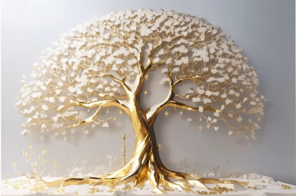 a large metal tree with gold leaf on a white background, golden sacred tree, tree of Life seed of doubt, the tree of Life, sculpture made of gold, tree of Life, a huge silver tree, the World Tree, rich tree, collective civilization tree, rooted lineage, gold foil art, World Tree, gilded with gold, gold leaf painting, A beautiful tree