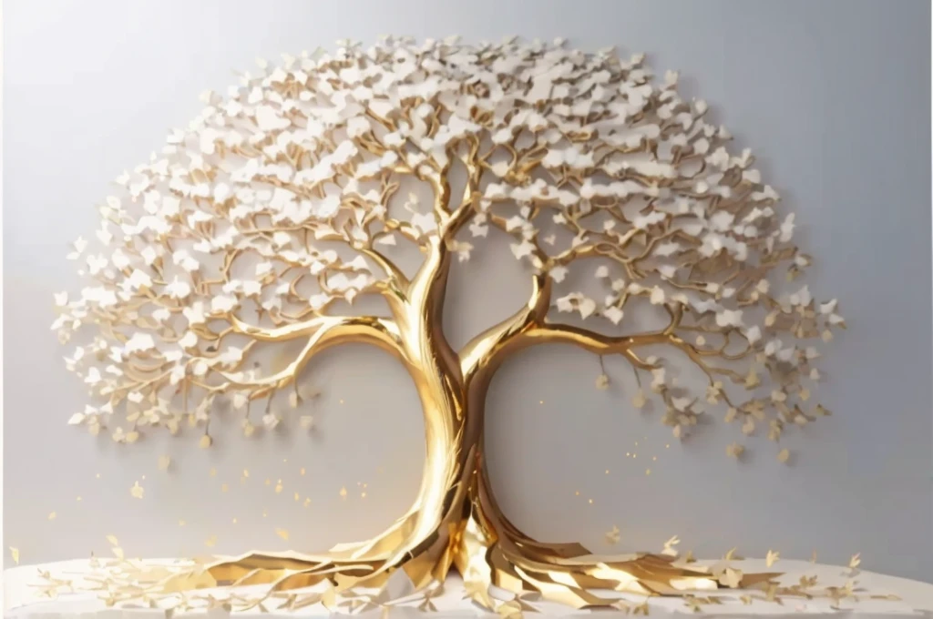 a large metal tree with gold leaf on a white background, golden sacred tree, tree of Life seed of doubt, the tree of Life, sculpture made of gold, tree of Life, a huge silver tree, the World Tree, rich tree, collective civilization tree, rooted lineage, gold foil art, World Tree, gilded with gold, gold leaf painting, A beautiful tree