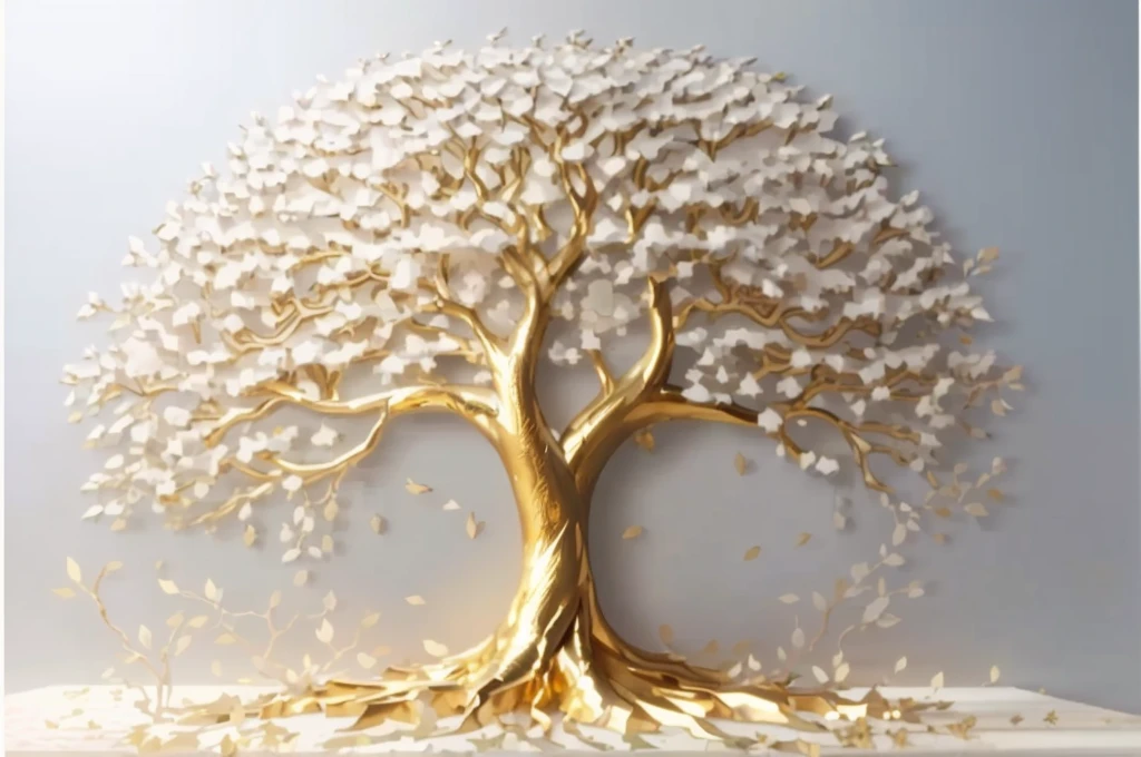 a large metal tree with gold leaf on a white background, golden sacred tree, tree of Life seed of doubt, the tree of Life, sculpture made of gold, tree of Life, a huge silver tree, the World Tree, rich tree, collective civilization tree, rooted lineage, gold foil art, World Tree, gilded with gold, gold leaf painting, A beautiful tree
