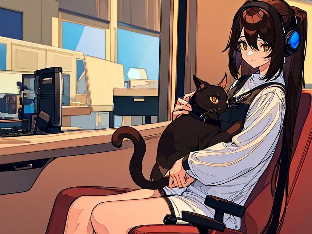 25 year old female, round brown eyes, dark brown mid back hair, headset gamer, holding two gray cats with white stripes on his lap