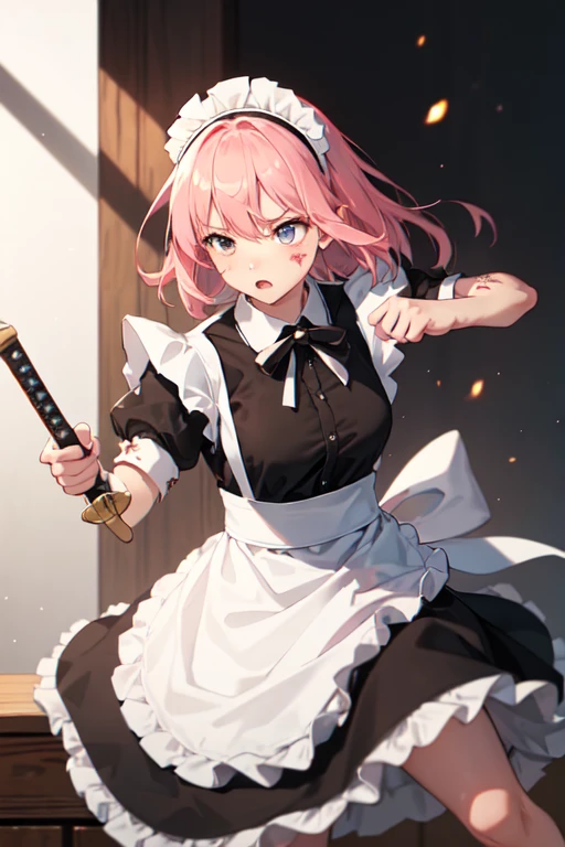(((Highest quality)))(((High resolution)))((detailed))((Attention to detail))(Draw the whole body)girl, cute, Pink Hair, Small breasts, Maid clothes(白と黒のMaid clothes,Black Dress, White apron, Headband, Maid clothesクラシック, Long skirt), (Fighting with a large sword in hand), Double-handed sword(Western design), Burning Battlefield, A super-strong enemy in front of me, Clothes are torn by enemy attacks, The clothes are dirty, ((煤と泥でMaid clothesが汚いquality:1.6))((Clothes are tattered:1.6)), A Close Battle, fierce fighting, Fierce Battle, Clothes are torn apart by enemy attacks, Covered in mud, Covered in soot, sparks, Fighting desperately, (His whole body is torn to shreds), Final Strength,