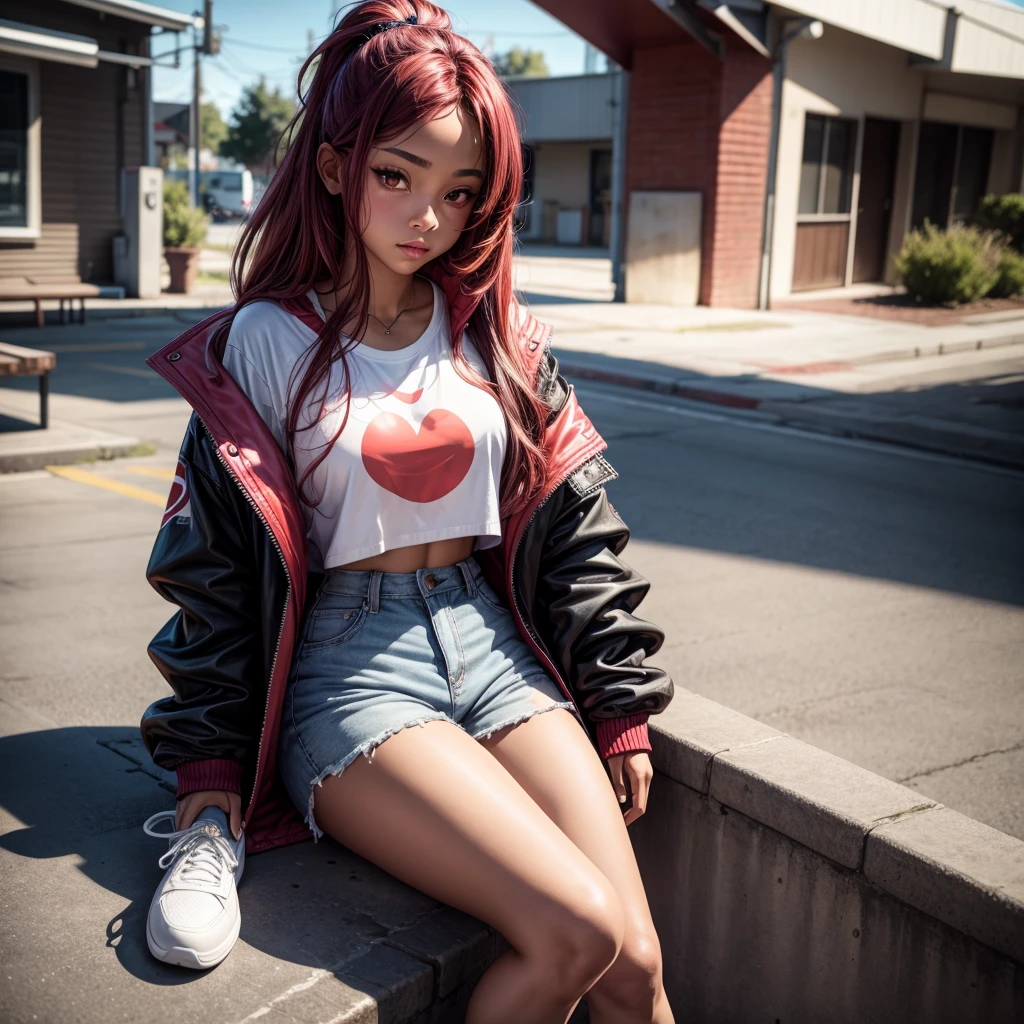 16 year old girl,light skin tone,red eyes,2 color hair, black and white,high,body with hourglass figure,He wears a dark jacket over a white t-shirt,pink shorts and red jordan sneakers