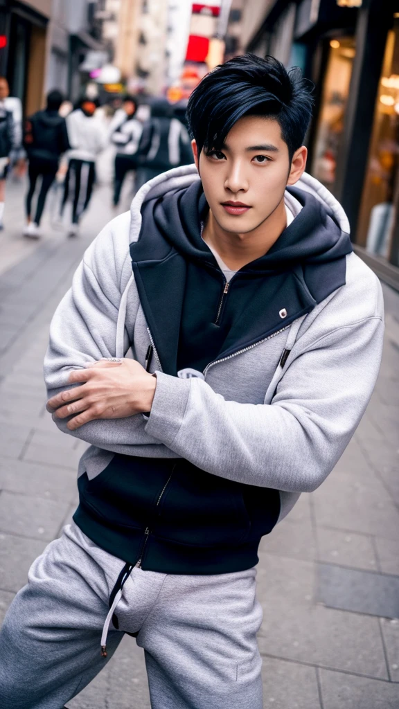 A sexy man wearing a hoodie, handsome face,black hair, penis, homoerotic, nsfw , in middle of a street 