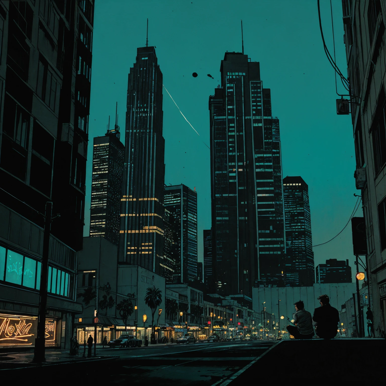(masterpiece), (graffiti),, (street), (los angeles city neon lights), (blue tint), (skyscrapers), (realistic illustration), (cinematic), (night), (city skylines), (man back silhouette sitting)