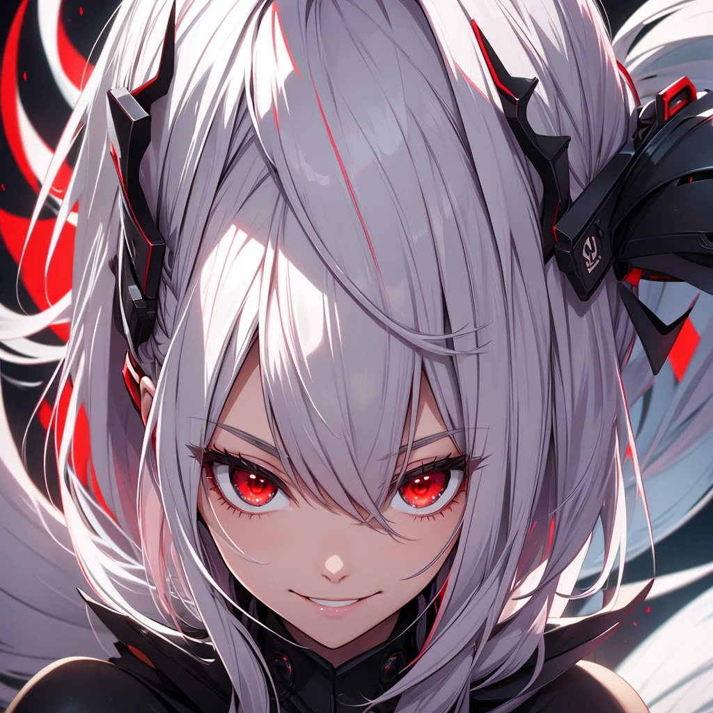 young woman, Red eyes, silver hair, smiling