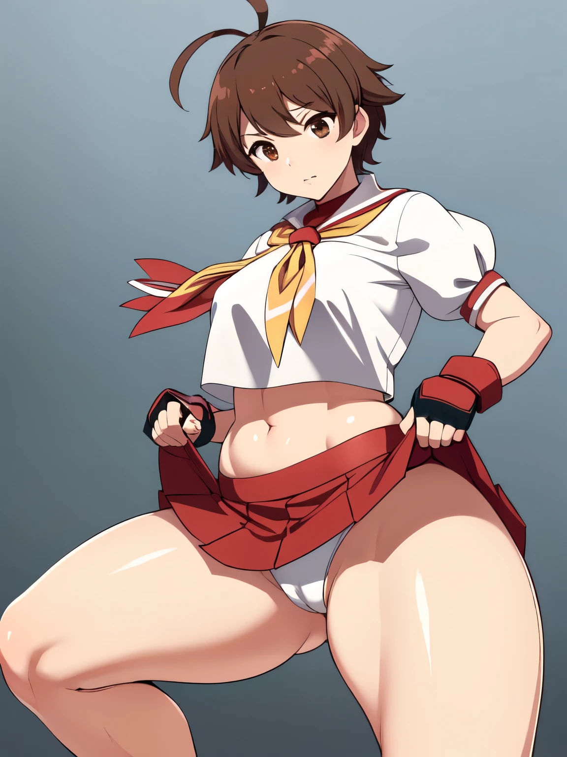 masterpiece, Highest quality,  High resolution,  1girl, 独奏, Sakura MS,  kasugano sakura, milf, shiny, oily skin, Brown eyes, Brown Hair, short hair, bangs, Ahoge, head band, , Puffy sleeves, Crop top, neckerchief, midriff, (((ultra short skirt))), Fingerless gloves, Thighs Thighs Thighs, (thick thighs, voluptuous thighs, ample thighs), Very detailed, More detailed,Proper body balance,Ultra-high quality output images,High resolution,Intricate details,Very delicate and beautiful hair, simple background, Embarrassed look, discovery stance, Bare legs, (from side:0.7), spread legs,