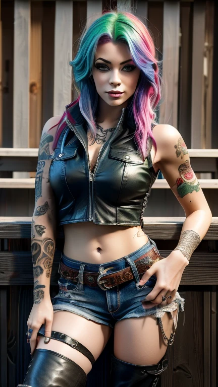 8k high resolution ultra detailed photography of a 35 year old punk woman with rainbow hair, 35 year old punk woman wears a cropped leather vest with tiger skin and jeans shorts with sexy leather chaps and cowboy boots, woman sits in full body pose on a wooden fence looking into the camera , the face of the 35 year old punk woman is depicted in ultra detail with beautiful green eyes and long eyelashes and full lips, full body tattoo, Long hairstyle, leather chaps