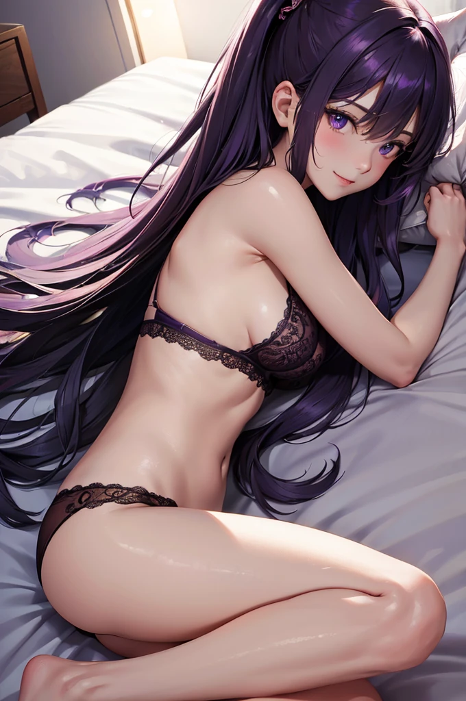 (Best Quality,High resolution,8K,finelity detailed background,Masterpiece:1.2),beautiful girl,Shiny purple hair,messy hair,Purple Eyes,Gentle look,A refreshing look,Best quality,Best Quality,Aesthetic and aesthetic:1.2,Best details((Super detailed))(High-definition CG illustrations),Red underwear (red,intricate lace),Slender body,Late Night,Moonlit Night,Bedroom,On the bed,smile,blush,cute,Scrounge,Looking up,Being spoiled,super model,wariza,shoot from above