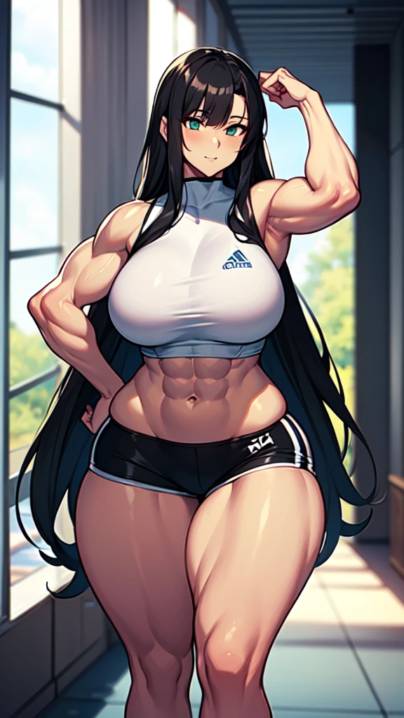 a drawing of a woman in a black sport shorts, muscular abs girl, female arms character, sci-fi, feminine and muscular, makoto, white, fubuki, (thin waist), ((curvy)), ((wide hips)), big long curly black hair, sexy, muscular thighs, full body