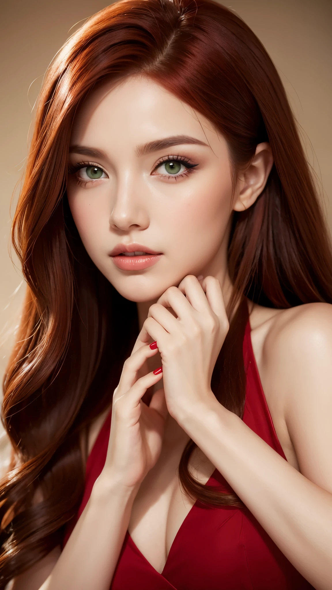 Beautiful redhead latina type girl with green eyes and long hair, with red dress, professional make up, beautiful and detailed hands professional photo shoot 