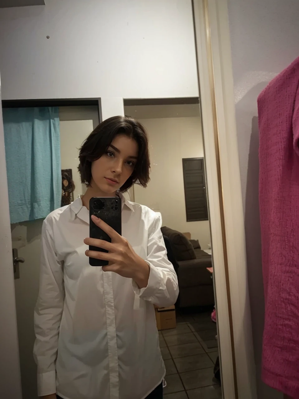 Leave the original photo, just fix the photo quality, leave it in a more modern mirror, a modern apartment, Make me more beautiful, but with the original appearance, HD, 4K,