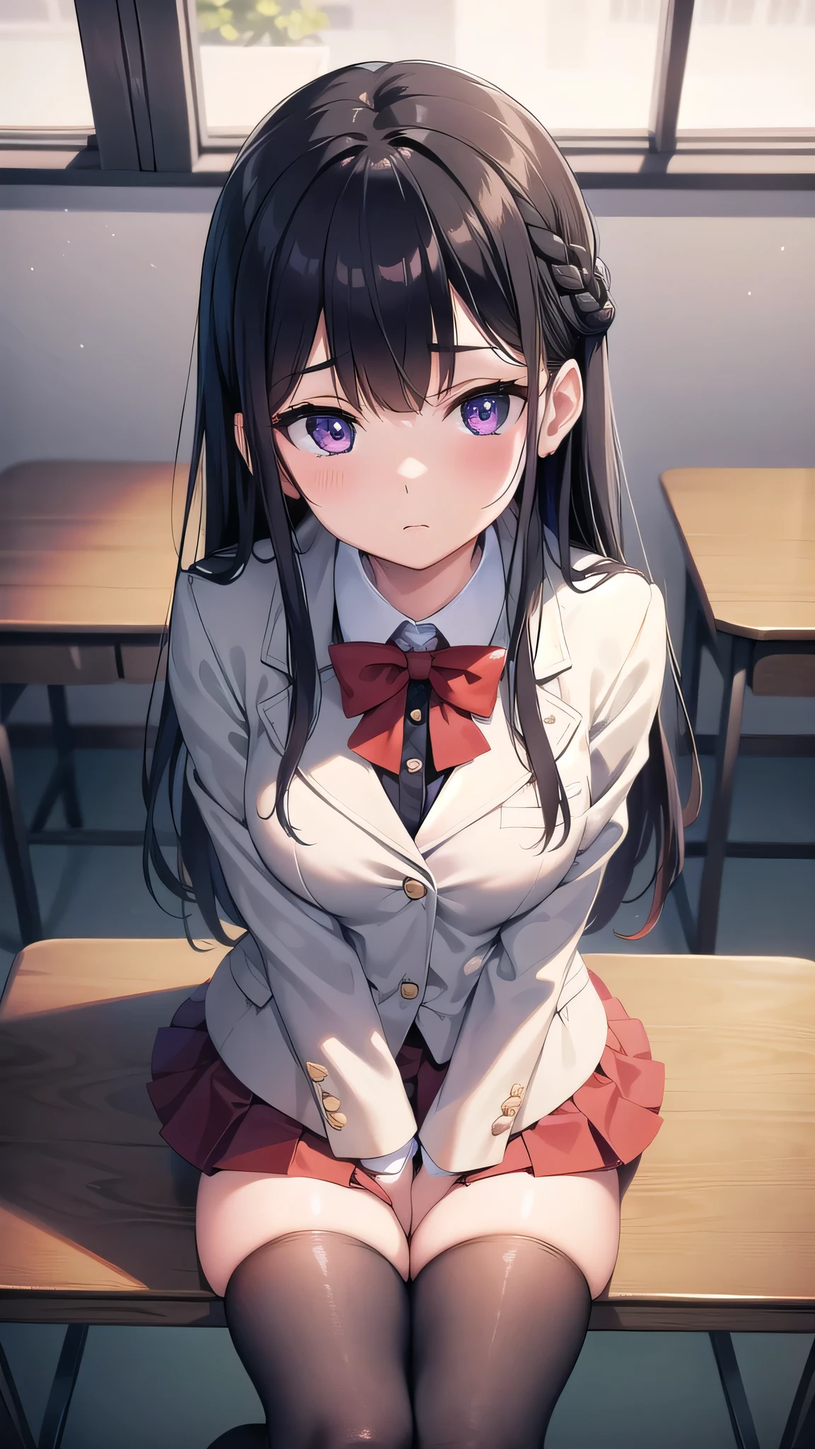 suzunehorikita, suzune horikita, black hair, braid, long hair, (purple eyes:1.1),
BREAK advanced nurturing high , black thighhighs, blazer, bow, bowtie, ons, jacket, long sleeves, pleated skirt, , thighhighs, white skirt, zettai ryouiki, (red blazer:1.5),
BREAK looking at viewer, full body,
BREAK indoors, classroom,school,soft lights,
BREAK (masterpiece:1.2), best quality, high resolution, unity 8k wallpaper, (illustration:0.8), (beautiful detailed eyes:1.6), extremely detailed face, perfect lighting, extremely detailed CG, (perfect hands, perfect anatomy),sitting on table, cross legs,from above,