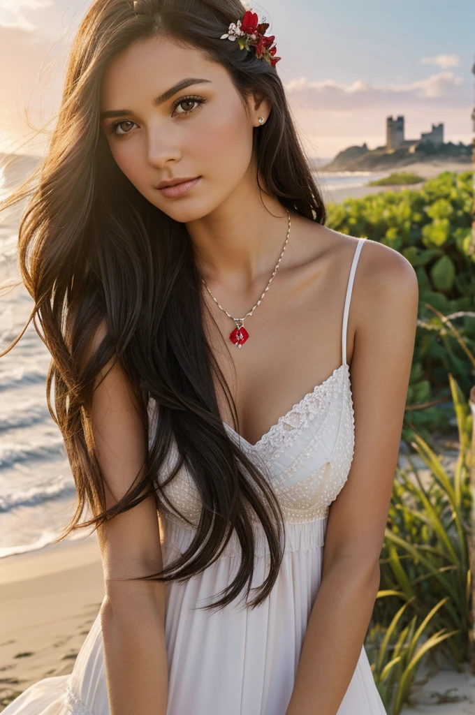 	A young and beautiful brunette, 30 years old
	•	Shoulder-length black hair
	•	The girl looking straight into the camera
	•	A red dress, slightly below the hips
	•	Sunset beach shoot
	•	Professional photographer
	•	Beautiful Valencia landscape with a forest and castle ruins in the background
	•	Soft sea breeze and waves’ light play
	•	Natural accessories like bracelets or necklaces with elements from nature
	•	Airy floral hair accessories
	•	Wide-format image with superb quality and realism
	•	Photographed with a professional high-resolution camera to capture every detail impeccably.
