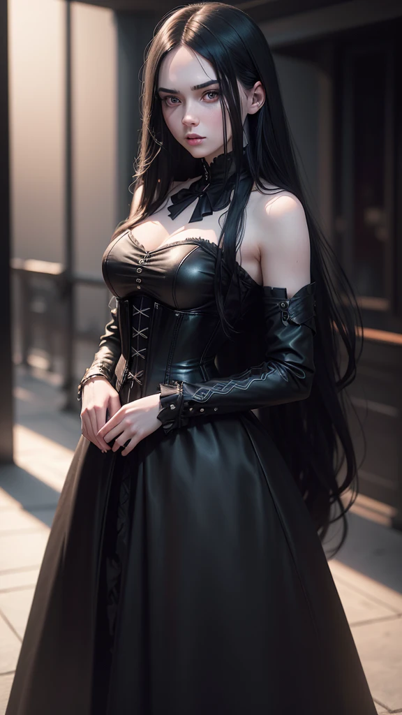 A age girl with long black hair, pale skin, wearing a short black corset dress, standing in a modern setting, high contrast, dramatic lighting, detailed facial features, cinematic composition, dark moody colors, photorealistic, 8k, (best quality,4k,8k,highres,masterpiece:1.2),ultra-detailed,(realistic,photorealistic,photo-realistic:1.37)