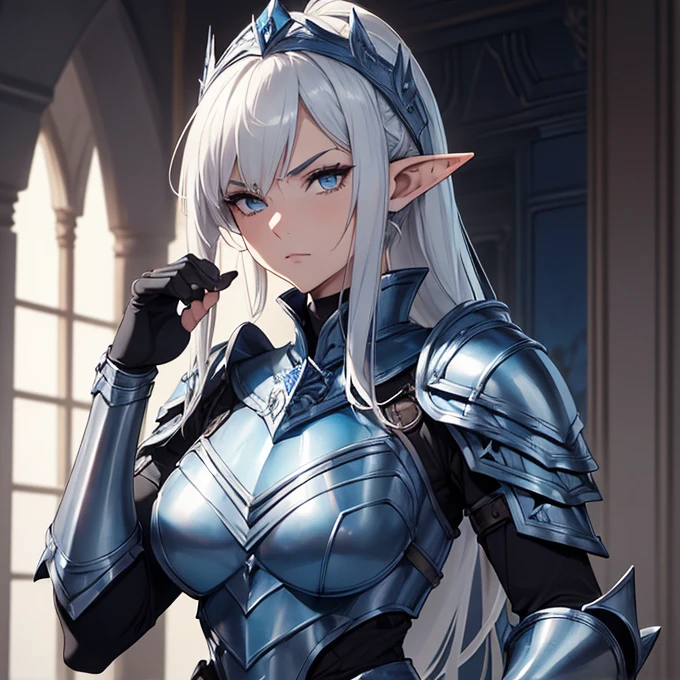 (absurdres, best high quality image, carefuly detailed features and textures, very detailed image, solo character alone, full body view): {{Elf queen 1.000 years old mature adult milf} (beautiful face, short pointy elf ears, beautiful mature feminine features, beautiful silver eyes, dark black long straight hair tied in a ponytail, dark black eyebrows), (blue full elvish royal plate war armor, blue heavy full cladded covered breast plate, blue heavy armored gauntlets, blue heavy armored elbow plates, blue plate heavy belt, full blue heavy armored boots, full heavy armored hip plates, blue full heavy steel helmet covering the entire head), (silver heavy royal sword), (serious face, analytical demeanor, full of wisdom and seriousness, aggresive wrestler pose), (patrol alone, at her royal castle on the night)}}