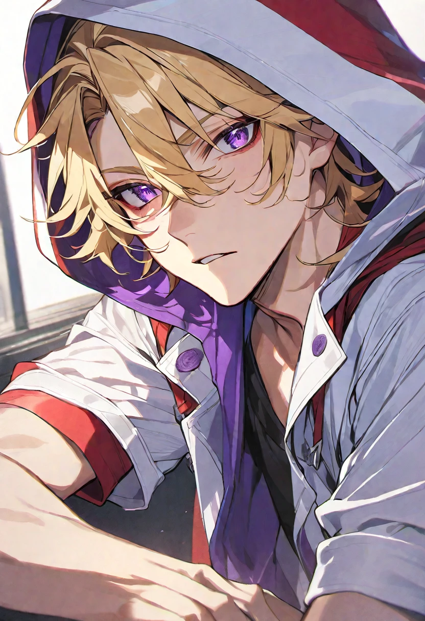 Solo, 1 male, blonde hair, violet eyes, white shirt, red and white hood