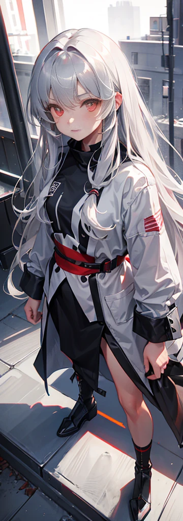 Gray silver long-haired，red eyes, fully body photo，Nice face