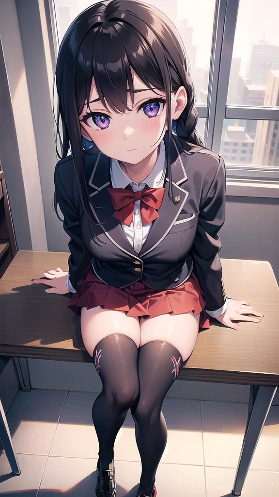 suzunehorikita, suzune horikita, black hair, braid, long hair, (purple eyes:1.1),
BREAK advanced nurturing high , black thighhighs, blazer, bow, bowtie, ons, jacket, long sleeves, pleated skirt, , thighhighs, white skirt, zettai ryouiki, (red blazer:1.5),
BREAK looking at viewer, full body,
BREAK indoors, classroom,school,soft lights,
BREAK (masterpiece:1.2), best quality, high resolution, unity 8k wallpaper, (illustration:0.8), (beautiful detailed eyes:1.6), extremely detailed face, perfect lighting, extremely detailed CG, (perfect hands, perfect anatomy),sitting on table, cross legs,leg on leg,from above,