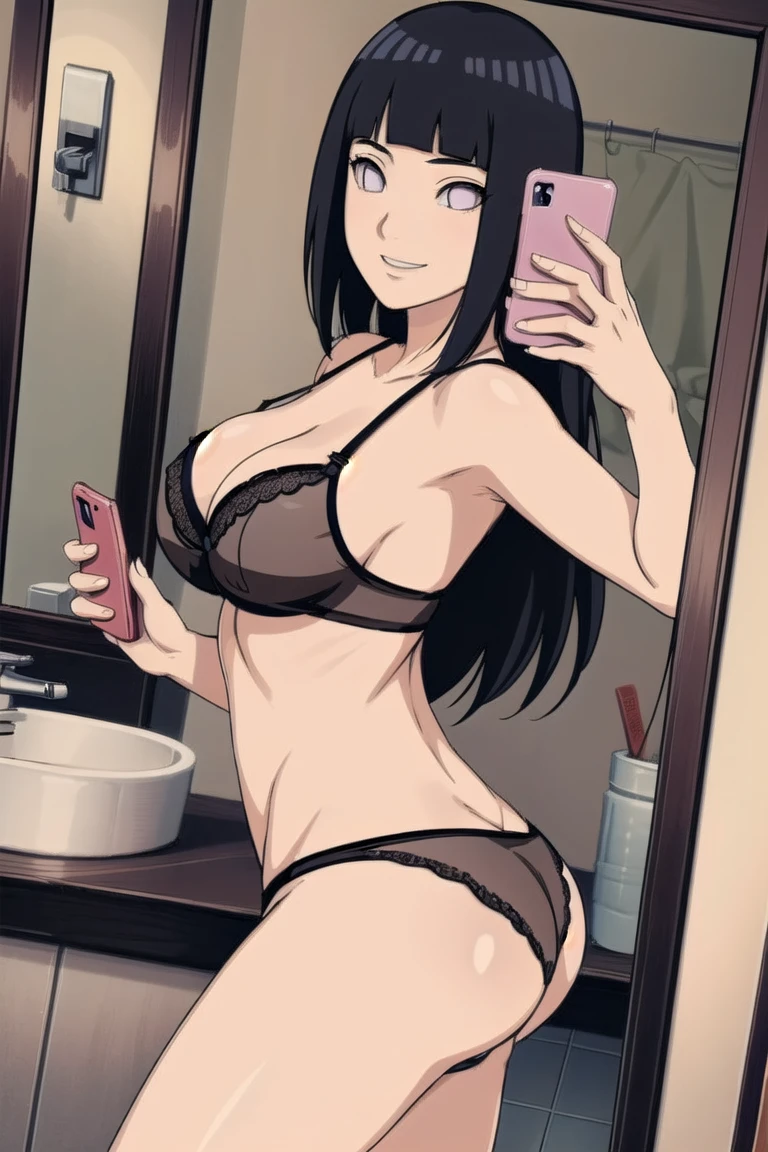 hinata hyuga ,mirror selfie, 1girl, wide ass, big breasts , bathroom, underwear, phone, reflection, long_hair, mirror, black_hair, breasts, panties, bra, red_panties, cellphone, solo, smartphone, phone_screen, smile , holding_phone, red_bra, indoors, sink, underwear_only,