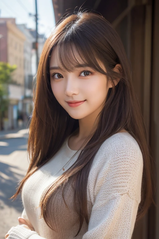 masutepiece, Best Quality, photorealistic,Illustration, Ultra-detailed, finely detail, hight resolution, 8K Wallpaper, Perfect dynamic composition, Beautiful detailed eyes, Mocha long sleeve knit dress,Straight hair,medium breasts natural color lip, Randomly sexy poses,Smile、20 years girl、Cute、Sexy shot looking at camera,Perfect and beautiful face