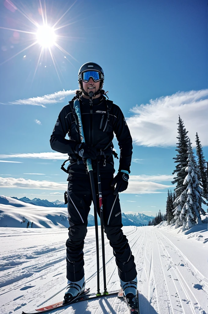 Topless skiier with scuba take on