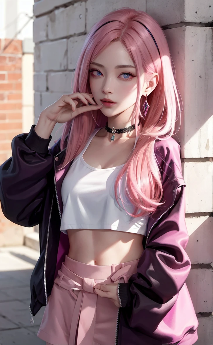 (masterpiece, best quality, 1girl, solo, intricate details, chromatic aberration), realistic, ((medium breath)),long hair, pink hair, red head ornament, pink highlights, hair over one eye,purple eyes, earrings, sharp eyes, choker, neon shirt, open jacket, crop top, (symmetry eyes),(perfect symmetrical body),against wall, brick wall, graffiti, dim lighting, alley ,look at viewer