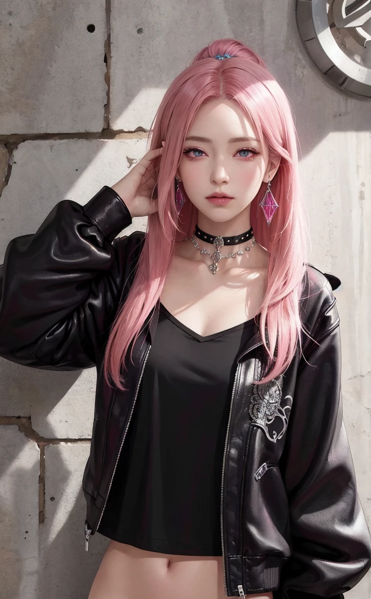 (masterpiece, best quality, 1girl, solo, intricate details, chromatic aberration), realistic, ((medium breath)),long hair, pink hair, red head ornament, pink highlights, hair over one eye,purple eyes, earrings, sharp eyes, choker, neon shirt, open jacket, crop top, (symmetry eyes),(perfect symmetrical body),against wall, brick wall, graffiti, dim lighting, alley ,look at viewer