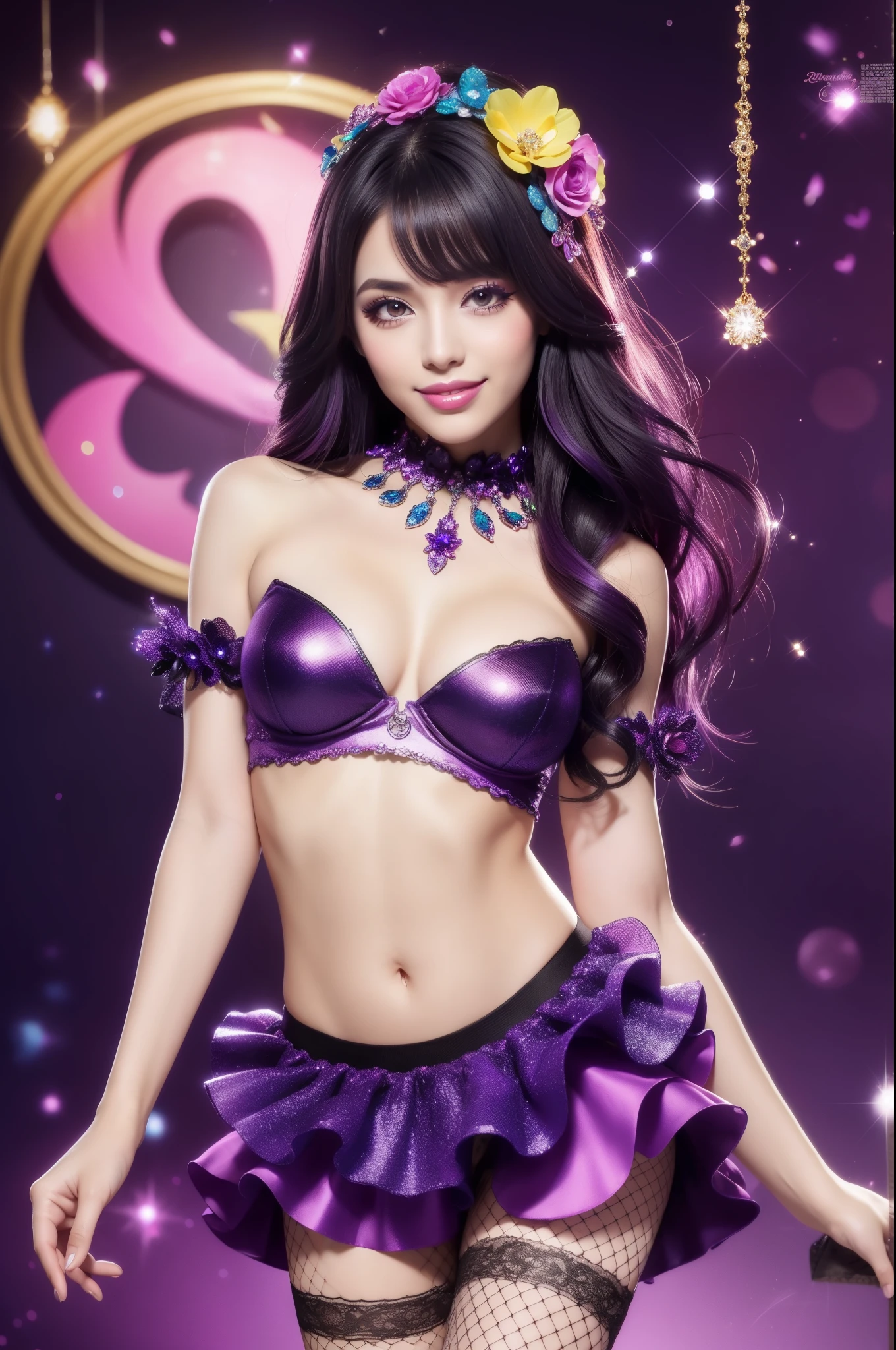 sexy Spanish model who controls poison、beautiful smile、lipgloss、smokey eyeshadow、look at the camera、full body Esbian、、sparkling poisoned flower costume、、、、sparkling Colorful hair、secrete poison、skull hair accessories、fishnet tights、shiny sparkling flowers background