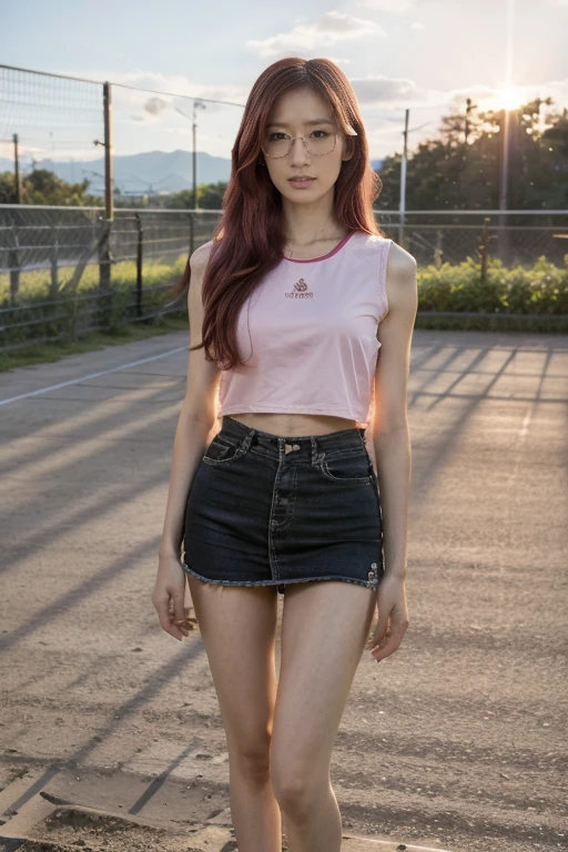 original photography，highest quality，In the school gymnasium，yae miko wearing big glasses, at sunset，1 Girl，female teacher, Pink Hair, Stylish long hair，volleyball player，Long slender legs