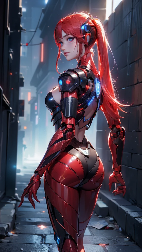 (back view, back view),,(masterpiece:1.4), ((Best quality:1.4 ),,Ariana Granfrom, (Organic cyborgs:1.4) , charming smile，(red plastic:1.4) , diffuse lighting, elegant, difficult, elegant, muy fromtallado, natural, Photorealistic, Digital paint, estaciones from arte, illustration, conceptual art, seeds, sharp focus, El arte from John Collier y Albert Obright y Krenz Kusart y Artem Demura,foto froml cuerpo, (background alley walls big stones night cyberpunk :1.4), (ojos fromtailed azules :1.4), (perfect anatomy), {-error_from_anatomy:1.0}, (bright colors), (red cyborg, Human hybrid :1.4), Evening, (beautiful artificial intelligence transparent red:1.4) 