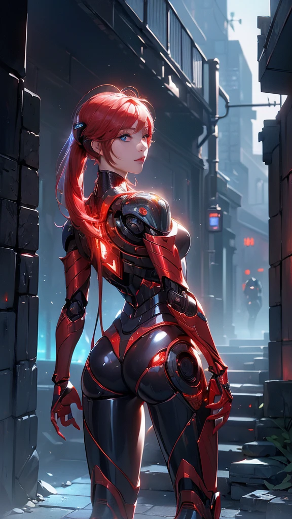 (back view, back view),,(masterpiece:1.4), ((Best quality:1.4 ),,Ariana Granfrom, (Organic cyborgs:1.4) , charming smile，(red plastic:1.4) , diffuse lighting, elegant, difficult, elegant, muy fromtallado, natural, Photorealistic, Digital paint, estaciones from arte, illustration, conceptual art, seeds, sharp focus, El arte from John Collier y Albert Obright y Krenz Kusart y Artem Demura,foto froml cuerpo, (background alley walls big stones night cyberpunk :1.4), (ojos fromtailed azules :1.4), (perfect anatomy), {-error_from_anatomy:1.0}, (bright colors), (red cyborg, Human hybrid :1.4), Evening, (beautiful artificial intelligence transparent red:1.4) 