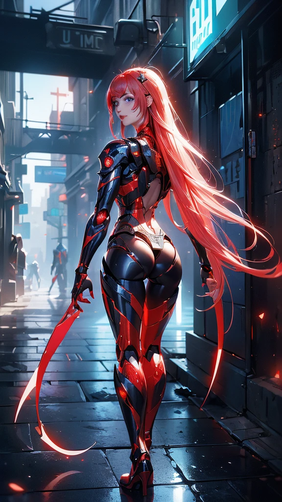 (back view, back view),,(masterpiece:1.4), ((Best quality:1.4 ),,Ariana Granfrom, (Organic cyborgs:1.4) , charming smile，(red plastic:1.4) , diffuse lighting, elegant, difficult, elegant, muy fromtallado, natural, Photorealistic, Digital paint, estaciones from arte, illustration, conceptual art, seeds, sharp focus, El arte from John Collier y Albert Obright y Krenz Kusart y Artem Demura,foto froml cuerpo, (background alley walls big stones night cyberpunk :1.4), (ojos fromtailed azules :1.4), (perfect anatomy), {-error_from_anatomy:1.0}, (bright colors), (red cyborg, Human hybrid :1.4), Evening, (beautiful artificial intelligence transparent red:1.4) 