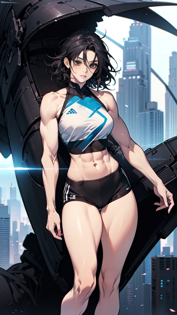 a drawing of a woman in a black sport shorts, muscular abs girl, female arms character, sci-fi, feminine and muscular, makoto, white, fubuki, (thin waist), ((curvy)), ((wide hips)), big long curly black hair, sexy, muscular thighs, full body