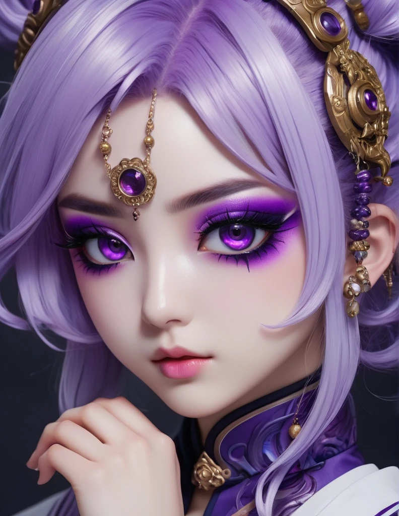 quality(8k wallpaper of extremely detailed CG unit, ​masterpiece, hight resolution, top-quality, top-quality real texture skin,hyper realisitic, digitial painting,increase the resolution,RAW photos，best qualtiy,highly detailed,the wallpaper),BREAK,8K, anime -style art , full face, mixed color eyes, Chibi,  purple makeup, white skin, metalic purple hair long,  jewelry, tattoos, toxic mask , purple eyes, purple taoist uniform 