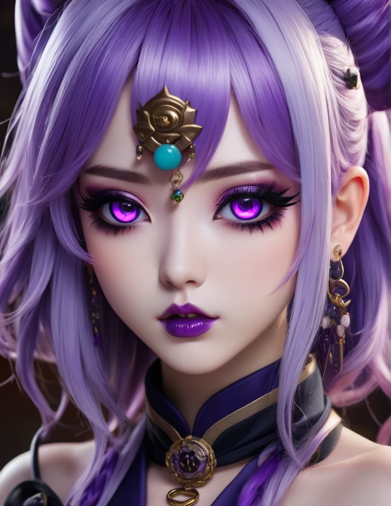 quality(8k wallpaper of extremely detailed CG unit, masterpiece, hight resolution, top-quality, top-quality real texture skin,hyper realisitic, digitial painting,increase the resolution,RAW photos,best qualtiy,highly detailed,the wallpaper),BREAK,8K, anime -style art , full face, mixed color eyes, Chibi, purple makeup, white skin, metalic purple hair long, jewelry, tattoos, toxic mask , purple eyes, purple taoist uniform