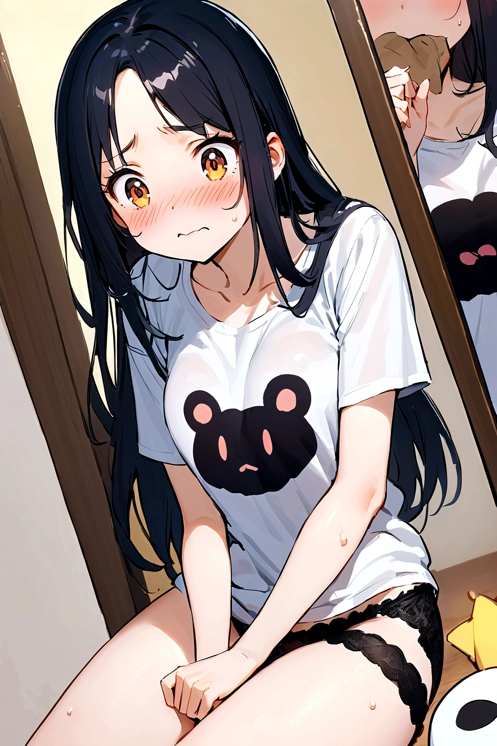 Young women，Black long hair，Straight Hair，Hair ends are slightly curled，Scattered on the shoulders，Fair skin，White loose T-shirt，Slightly longer hem，Cover part of the lower body，Black lace panties，Hiding under a T-shirt，Jiang Xiaochen stands in front of the mirror，手抓Chest，白色液体从Chest溢出，surprise和Puzzled：Eyebrows slightly wrinkled，Eyes wide open，Mouth slightly open，Blushing cheeks，Mild sweating，手紧抓Chest或交叉放在胸前，Chest：full，Papaya shape，White liquid spills，Liquid slightly shiny，surprise、Puzzled、Awkward、nervous、anxiety，手抓Chest，Cross your arms，Rubbing hands nervously