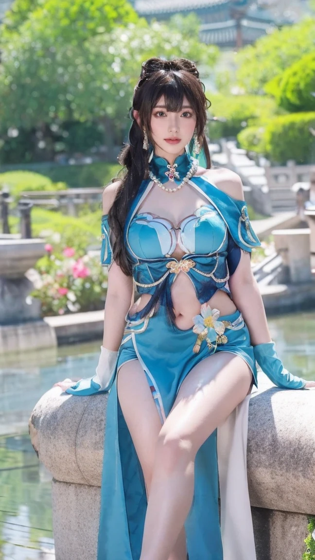 (masterpiece), best quality, HD, realistic, expressive eyes, perfect face, blue eyes, greeneyes, black choker, ruby necklace, sandals, hair intakes, blue dress, bare shoulders, earrings, dress, flower, jewelry, gloves, beads, white flower, thigh strap, hair ornament, cleavage, medium breasts, bangs, black hair, hair between eyes, long hair, breasts, chinese dress, ruanmei official, clothing cutout, aqua lingerie, aqua shorts, hair intakes, lipstick, chinese clothes, single hairbun, abs, muscular, cleavage, breasts, brown hair, RuanMei, 1girl, full body, mistress, milf, lab coat, aqua shorts, ruanmei, whorish, basketball background, busty, milf, curvy, midriff, tall, pubic hair, heels, vaginas, pussy, colonial
