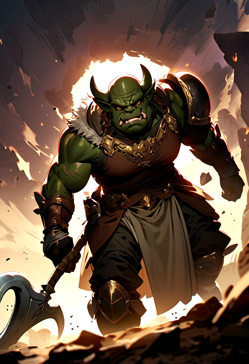 Half-Orc with braided hair, holding an axe