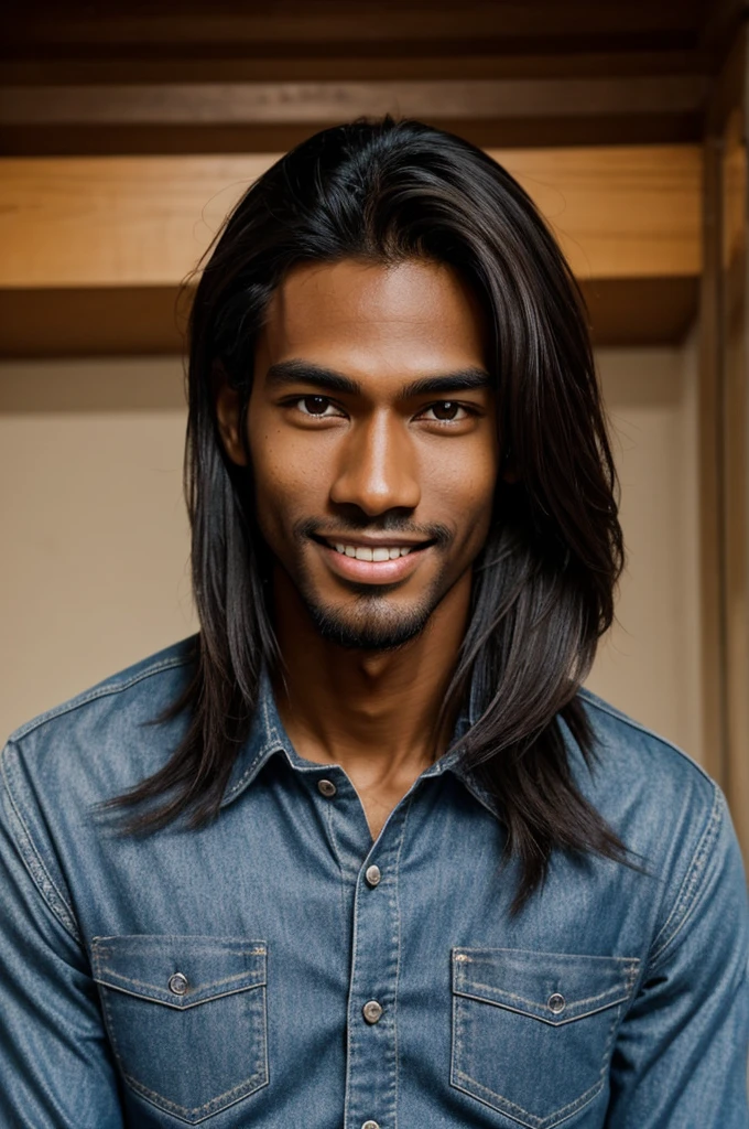 Create a tall boy , medium thin, with half dark skin and half guera haha with medium long hair , type v marked jaw , Brown eyes , beautiful smile , hands with sysis veins