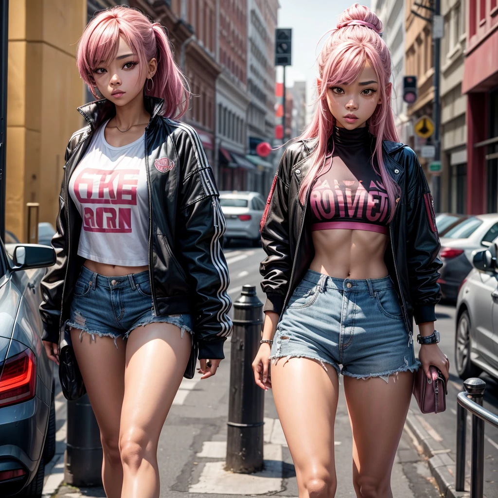 16 year old girl,light skin tone,red eyes,2 color hair, Pink and black,high,body with hourglass figure,He wears a dark jacket over a white t-shirt,pink shorts and red jordan sneakers
